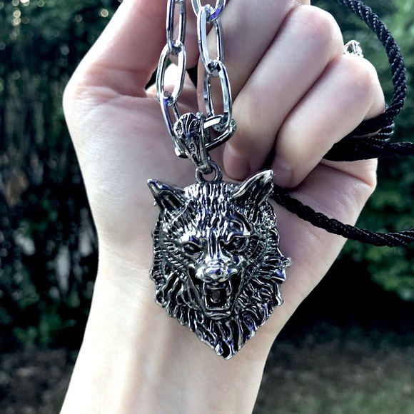 Hand Crafted Other - Wolf head pendant necklace metal chain and black cord